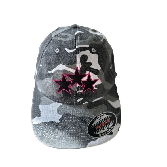 Camo Gray Cap Hat "Party Till the AM" Embroidery Denim Red Stars - Picture 1 of 7
